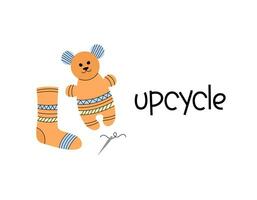 Teddy bear sewn from sock. Handmade toy. Upcycling concept vector illustration. Sustainable living.