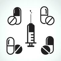 Vector set of pills and capsules and syringe isolated on white background. Easy editable layered vector illustration.