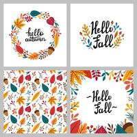 Autumn seamless pattern, round frame with lettering HELLO FALL. Vector floral illustrations set. Autumn elements - acorn, apple, leaves, berries. Doodle style. Hand drawn Vector autumn illustration