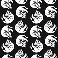 Moon white cat seamless pattern background for Halloween. Cute cartoon kitten character. Vector background texture for printing on fabric and paper. Scary event decoration
