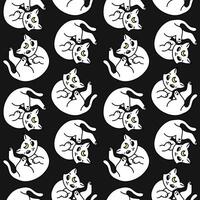 Moon white cat seamless pattern background for Halloween. Cute cartoon kitten character. Vector background texture for printing on fabric and paper. Scary event decoration