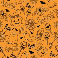 Halloween orange seamless pattern with pumpkins, bats, spiders, ghosts, candies, spider web and speech bubble boo. Vector background texture for printing on fabric and paper.Scary event decoration