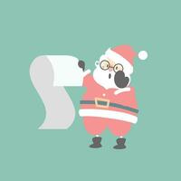 merry christmas and happy new year with cute santa claus looking at wish list in the winter season, flat vector illustration cartoon character costume design