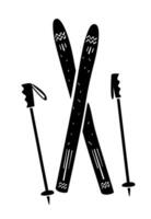 A black-white ski and poles illustration. Winter sport vector. Minimalistic simple icons of ski with pattern vector