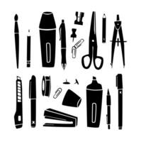 Some black and white stationary tools for desktop, silhouette figures, bold outlines, flat, arts crafts, in the style of doodle illustration. Scissors and stapler vector