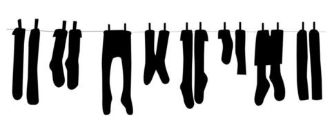 Set of different types underwear and socks hanging on a clothesline. Cute kid vector flat illustration.