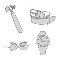 Men's accessories drawn in one continuous line in color. One line drawing, minimalism. Vector illustration.