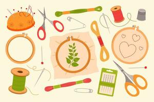 Set of tools for embroidery needlework. Hoop, thread, needle, floss, scissors and pincushion. Flat vector illustration