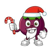 Mangosteen fruit santa cartoon character holds christmas candies vector