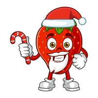 Strawberry fruit santa cartoon character holds christmas candies vector