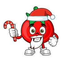 Tomato fruit santa cartoon character holds christmas candies vector