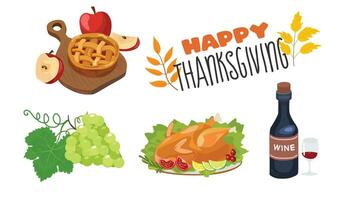 Thanksgiving vector set. Vector set of autumn elements with roasted turkey, pumpkin, corn, wine, pie. Happy thanksgiving day. Harvest festival. Autumn set. Flat vector in cartoon style isolated.