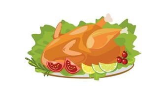 Roasted turkey vector. Thanksgiving dinner vector. Baked poultry. Roasted chicken. Flat vector in cartoon style isolated on white background.