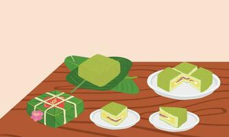 Chung cake vector set.  Whole, half and quarter of chung cake. Vietnamese cuisine. Vietnamese traditional new year. Square sticky rice stuffed in green leaves. Banh chung. Happy Tet holiday. Tet food.