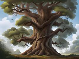 un hermosa ilustración de un árbol con un grande verde bosque foto
