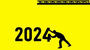 Happy new year 2024 welcome green screen. Year changing from 2023 to 2024. end of 2023 and starting of 2024. letter 3 Lifting by crane letter 4 pushing by a man. construction cranes with numbers 2024. video