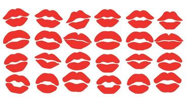 Set of lip prints in red kisses on a white background. Vector illustration in flat style