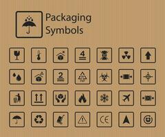 Packaging symbols set on cardboard background. Information icons for packaging. Icon set for product packaging. vector