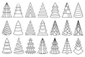 Line art Christmas tree set. Collection of decorative firs, outline stylized abstract Christmas trees, geometric design. vector