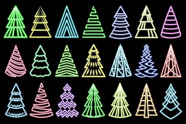 Colorful glowing Christmas trees. Abstract, decorative stylized neon Christmas trees collection with different color isolated on dark background.