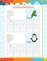 P alphabet tracing practice worksheet. Educational coloring book page with outline vector illustration for preschool