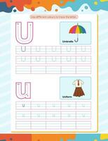 U alphabet tracing practice worksheet. Educational coloring book page with outline vector illustration for preschool