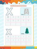 X alphabet tracing practice worksheet. Educational coloring book page with outline vector illustration for preschool