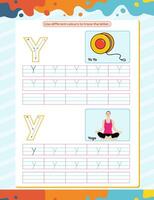 Y alphabet tracing practice worksheet. Educational coloring book page with outline vector illustration for preschool