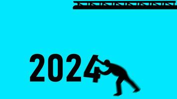 feliz Novo ano 2024 bem-vinda animação. ano mudando a partir de 2023 para 2024. fim do 2023 e iniciando do 2024. carta 3 elevação de guindaste carta 4 empurrando de uma cara. construção guindastes com números 2024. video