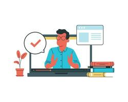 a young man do a communication using laptop. Vector design for digital native illustration concept