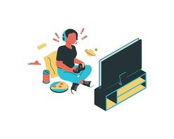 un chico jugando vídeo juegos a hogar. isométrica plano vector ilustración.