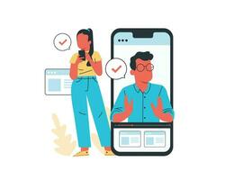 hombre y mujer utilizando móvil teléfono para comunicación. vector ilustración en plano dibujos animados estilo en blanco antecedentes.