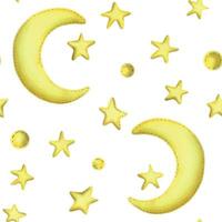 Yellow half moon with stars from fabric with thread stitches. Watercolor illustration, hand drawn. Seamless pattern on a white background vector