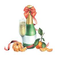 Bottle and glass of champagne with tangerines and a red bow with ribbons. Watercolor illustration, hand drawn. Isolated composition on a white background, for New Year, Christmas, birthday. vector