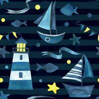 Sailing blue boats with a ribbon floating on the water with a lighthouse. Watercolor illustration hand drawn in a simple abstract childish style. Seamless pattern on a dark blue striped background vector