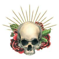 humano cráneo con rojo flores Rosa en un dorado corona con espinas, rayos mano dibujado acuarela ilustración para día de el muerto, Víspera de Todos los Santos, dia Delaware los muertos. aislado objeto en un blanco antecedentes vector