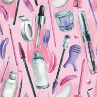 Tools and cosmetics for the master of eyelash and eyebrow extension and lamination. Watercolor illustration, hand drawn. Seamless pattern on a pink background. For packaging, branding, fabrics vector