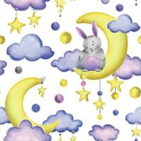 un linda gris conejito cosido se sienta y duerme en un amarillo Luna con colgando estrellas, puntos, nubes acuarela ilustración, mano dibujado. sin costura modelo en un blanco antecedentes vector