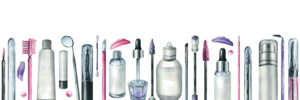 Tools and cosmetics for the master of eyelash and eyebrow extension and lamination. Watercolor illustration, hand drawn. Seamless border, frame, template on a white background. vector