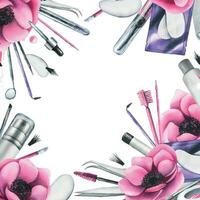 Cosmetics and brushes for eyes and eyebrows, tweezers with pink anemone flowers. Watercolor illustration hand drawn. Frame on a white background vector