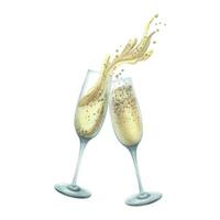 Glass goblets with champagne and splashes, white sparkling wine. Watercolor illustration, hand drawn. Isolated composition on a white background vector