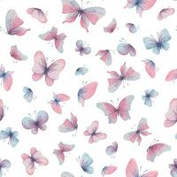 Butterflies are pink, blue, lilac, flying, delicate with wings and splashes of paint. Hand drawn watercolor illustration. Seamless pattern on a white background, for design vector