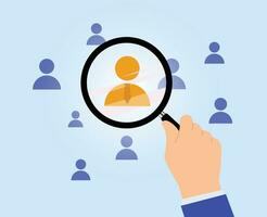 magnifying glass focus to manager icon which is among staff icon or employee development recruitment vector