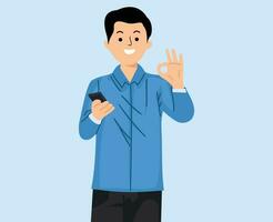young man using smartphone and showing ok gesture vector