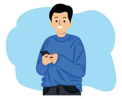 young man holding mobile phone looking at smartphone and typing message vector
