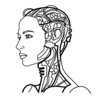 Artificial intelligence woman line art portrait.Woman robot or android with a beautiful face and wires and microcircuits in her head.Vector black and whiteillustration .Modern technology concept vector