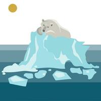 Global warming and Changing of the climate concept. A polar bear lies on a melting glacier under full sun in the middle of the ocean. Vector illustration. Save the planet