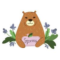 Cute groundhog with spring flowers and leaves.Happy Groundhog day concept.Vector simple illustration in cartoon style vector