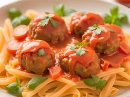 meatballs in tomato sauce and pasta on a plate photo