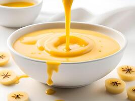 bowl of delicious banana soup with croutons, top view photo